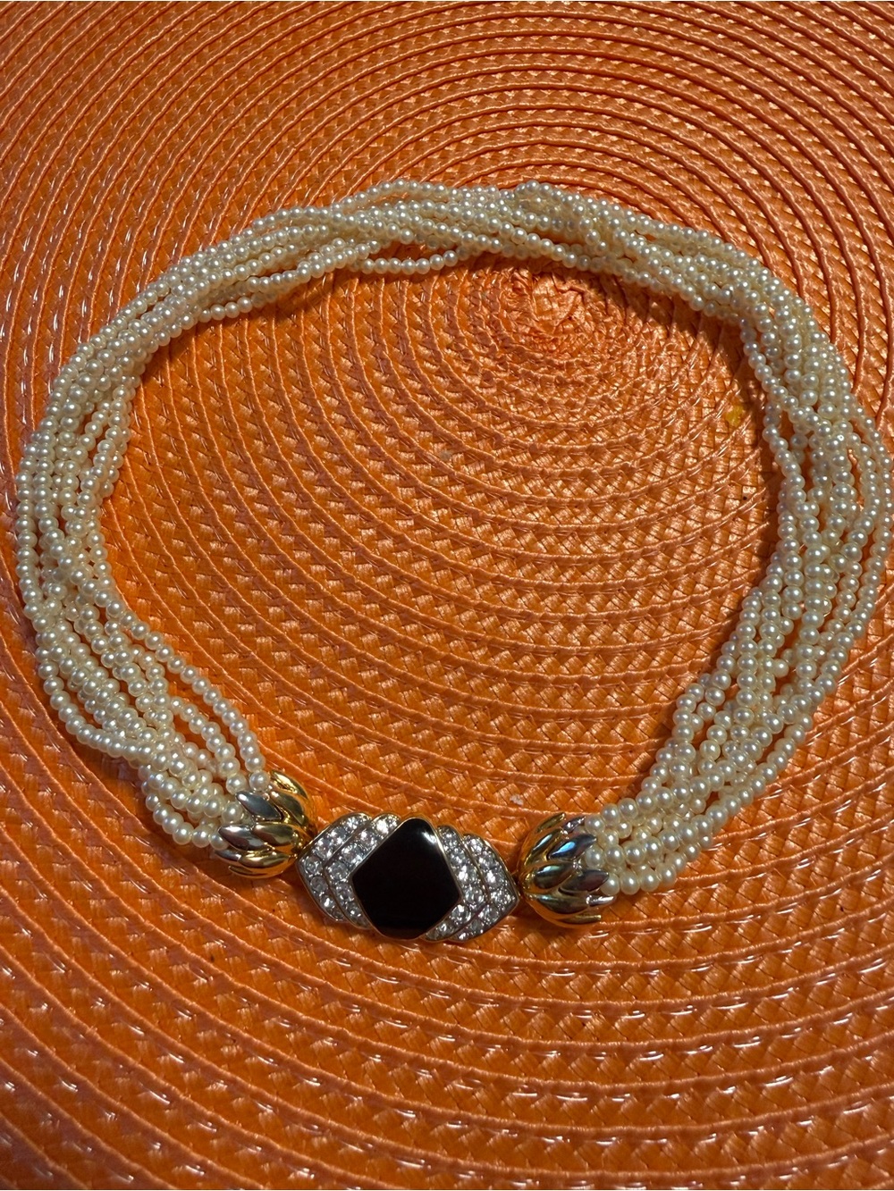 Vintage Multi-Strand Faux Pearl Necklace with Black Enamel front clasp Necklace - Picture 11 of 15